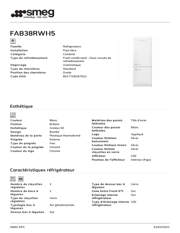 Product information | Smeg FAB38RWH5 Réfrigérateur combiné Product fiche | Fixfr