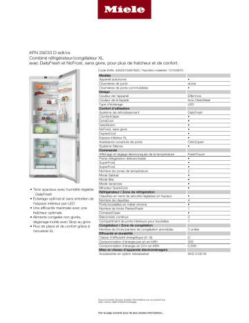 Product information | Miele KFN29233D edt/cs Réfrigérateur combiné Product fiche | Fixfr