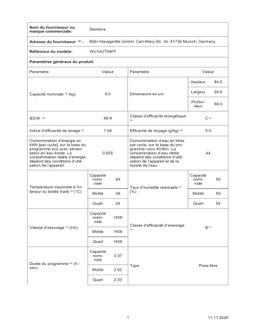 Product information | Siemens WU14UT09FF Lave linge compact Product fiche | Fixfr