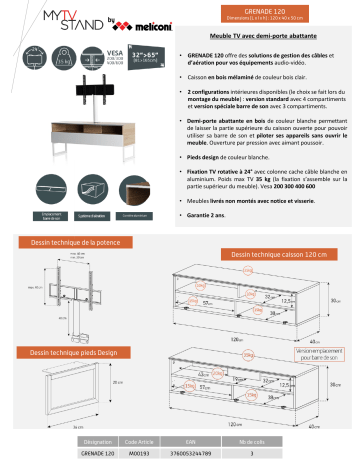 Product information | Meliconi Grenade 120 cm bois Meuble TV Product fiche | Fixfr