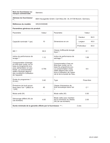 Product information | Siemens SR23HW65ME IQ300 Lave vaisselle 45 cm Product fiche | Fixfr