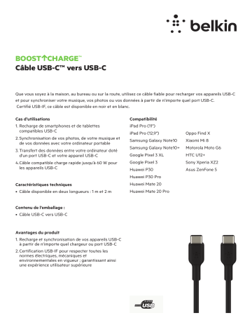 Product information | Belkin vers USB-C 2M Blanc Câble USB C Product fiche | Fixfr