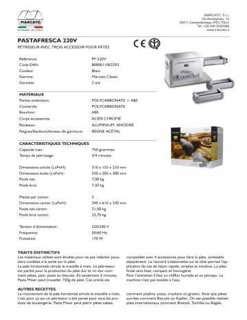 Product information | Marcato Pasta fresca 220V Machine à pâtes Product fiche | Fixfr