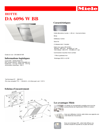 Product information | Miele DA6096WBB Hotte décorative murale Product fiche | Fixfr
