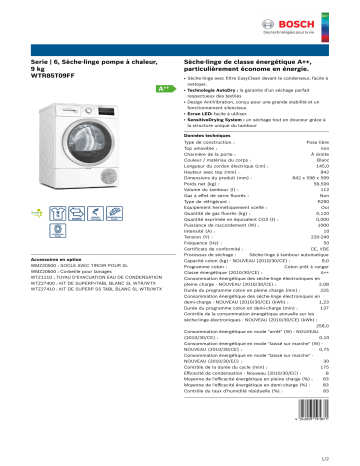 Product information | Bosch WTR85T09FF EasyClean Sèche linge pompe à chaleur Product fiche | Fixfr