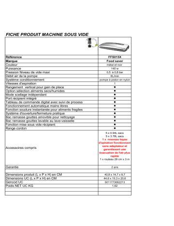 Product information | Food Saver FFS015X-01 Machine sous vide Product fiche | Fixfr