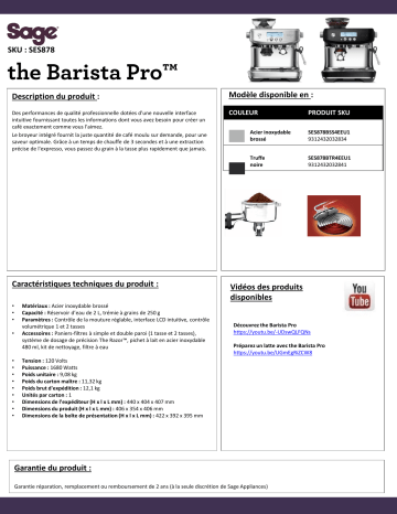 Product information | Sage Appliances Barista Pro Expresso Broyeur Product fiche | Fixfr