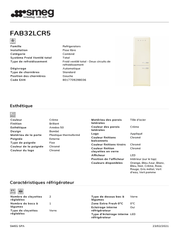 Product information | Smeg FAB32LCR5 Réfrigérateur combiné Product fiche | Fixfr