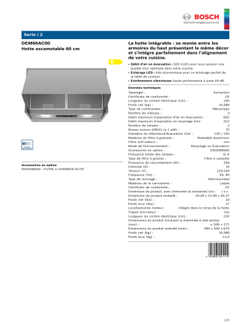 Product information | Bosch DEM66AC00 SERIE 2 Hotte escamotable Product fiche | Fixfr