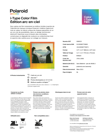 Product information | Polaroid i-Type - Spectrum Edition Papier photo instantané Product fiche | Fixfr
