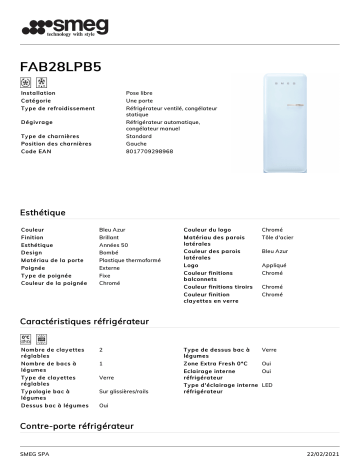 Product information | Smeg FAB28LPB5 Réfrigérateur 1 porte Product fiche | Fixfr