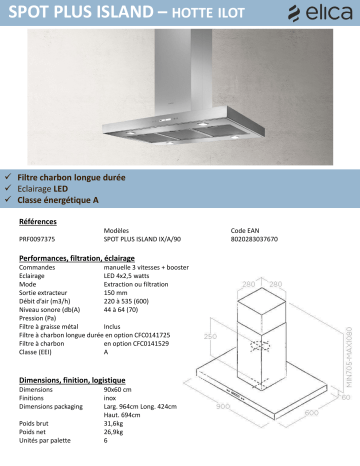 Product information | Elica SPOT PLUS ISLAND IX/A/90 Hotte décorative îlot Product fiche | Fixfr