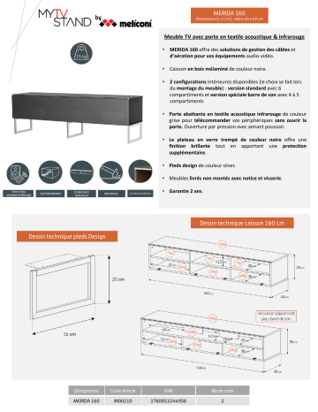 Product information | Meliconi Merida 160 cm noir Meuble TV Product fiche | Fixfr