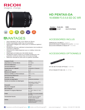 Product information | Pentax HD DA 16-85mm f/3.5-5.6 ED DC WR Objectif pour Hybride Product fiche | Fixfr