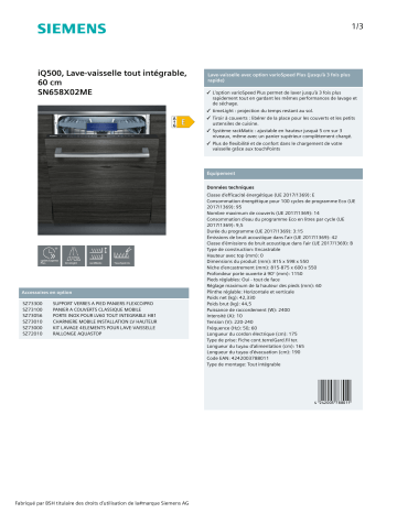 Product information | Siemens SN658X02ME IQ500 Lave vaisselle tout intégrable Product fiche | Fixfr