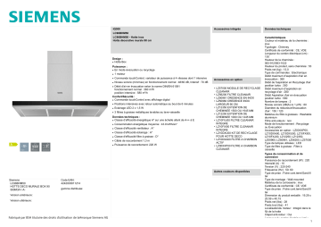 Product information | Siemens LC96BHM50 IQ300 Hotte décorative murale Product fiche | Fixfr