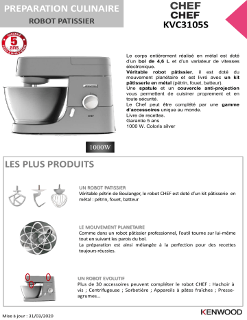 Product information | Kenwood KVC3105S Chef silver Robot pâtissier Product fiche | Fixfr