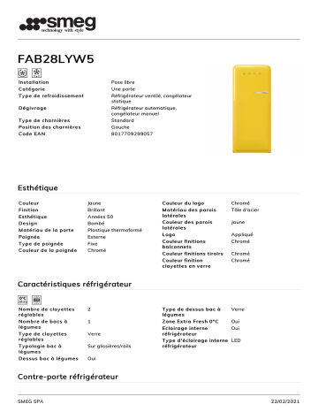 Product information | Smeg FAB28LYW5 Réfrigérateur 1 porte Product fiche | Fixfr