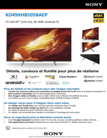 Product information | Sony KD49XH8505 Android TV TV LED Product fiche | Fixfr