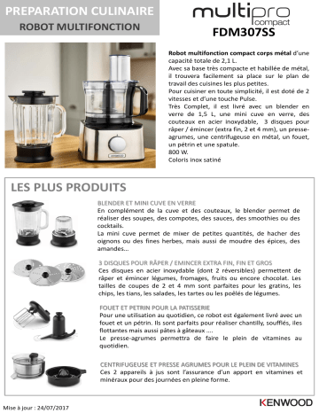 Product information | Kenwood Multipro compact FDM307SS Robot multifonction Product fiche | Fixfr