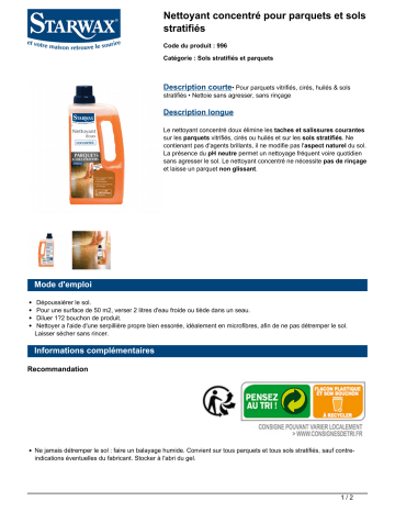 Product information | Starwax Doux concentré parquet et sols stratifié Nettoyant Product fiche | Fixfr