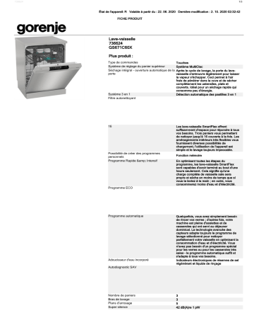 Product information | Gorenje GS671C60X Lave vaisselle 60 cm Product fiche | Fixfr
