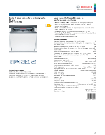 Product information | Bosch SMV46NX03E SERIE 4 Lave vaisselle tout intégrable Product fiche | Fixfr