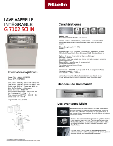 Product information | Miele G 7102 SCi IN Lave vaisselle encastrable Product fiche | Fixfr