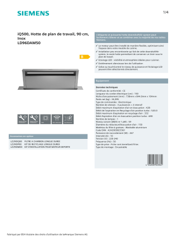 Product information | Siemens LD96DAM50 IQ500 Hotte encastrable plan de travail Product fiche | Fixfr