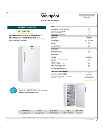 Product information | Whirlpool WVA31612NFW2 Congélateur armoire Product fiche | Fixfr