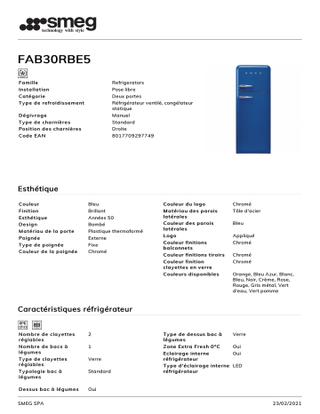 Product information | Smeg FAB30RBE5 Réfrigérateur combiné Product fiche | Fixfr