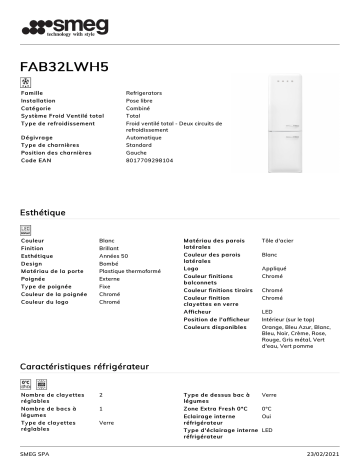 Product information | Smeg FAB32LWH5 Réfrigérateur combiné Product fiche | Fixfr