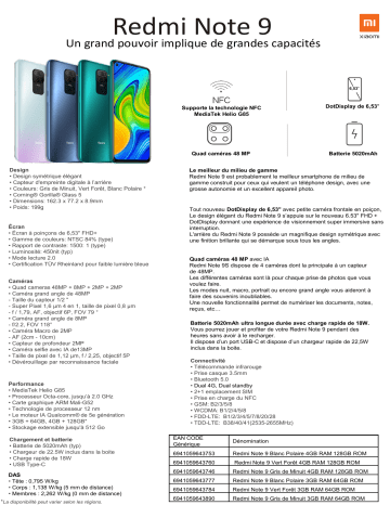 Product information | Xiaomi Redmi Note 9 Noir Smartphone Product fiche | Fixfr