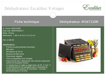 Product information | Excalibur 9 étages 4926T220B Déshydrateur Product fiche | Fixfr
