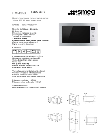 Product information | Smeg FMI425X Micro-ondes encastrable Product fiche | Fixfr