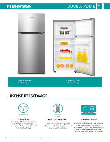 Product information | Hisense RT156D4AGF Réfrigérateur 2 portes Product fiche | Fixfr
