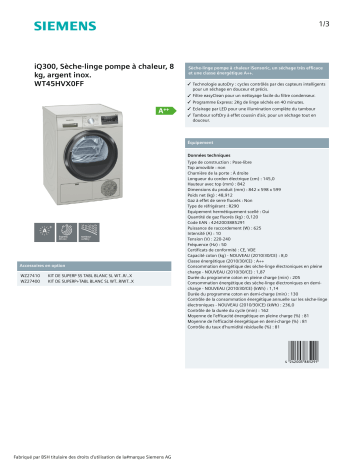 Product information | Siemens WT45HVX0FF Sèche linge pompe à chaleur Product fiche | Fixfr