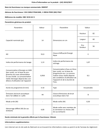 Product information | Indesit DBC3C24ACX Lave vaisselle encastrable Product fiche | Fixfr