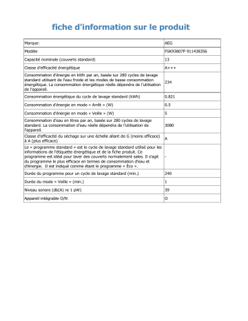 Product information | AEG FSK93807P ComfortLift Lave vaisselle tout intégrable Product fiche | Fixfr