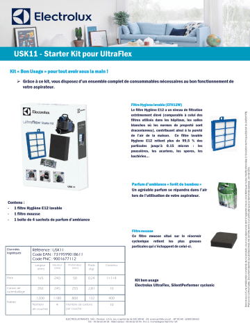 Product information | Electrolux USK11 Kit Ultraflex Filtre Product fiche | Fixfr