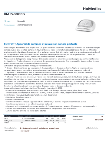 Product information | Sleep Therapy HM SS-3000DIS Confort Générateur de bruits blancs Product fiche | Fixfr