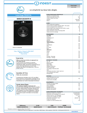 Product information | Indesit BWE91283XKFRN Lave linge hublot Product fiche | Fixfr