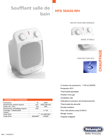 Product information | Delonghi HFS50A20.WH Chauffage soufflant Product fiche | Fixfr