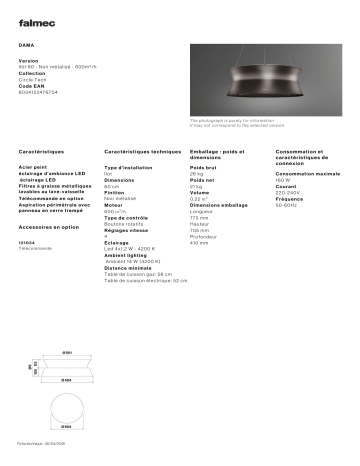 Product information | Falmec DAMA2220 Hotte décorative îlot Product fiche | Fixfr
