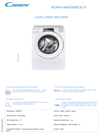 Product information | Candy ROW41494DWMCE-S Lave linge séchant hublot Product fiche | Fixfr