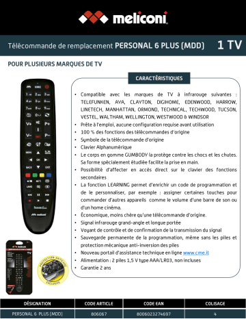 Product information | Meliconi Personal 6 Plus (Multimarques) Télécommande universelle Product fiche | Fixfr