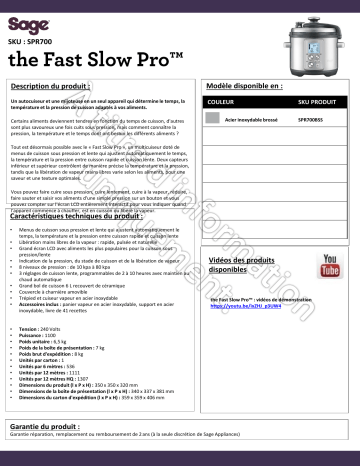 Product information | Sage Appliances Fast Slow Pro SPR700BSS4EEU1 Cocotte électrique Product fiche | Fixfr