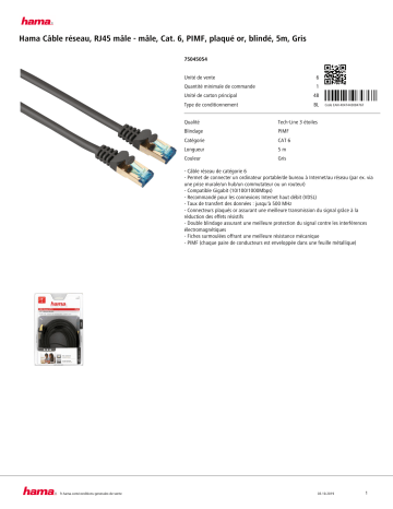 Product information | Hama Cable 5m CAT6 Câble Ethernet Product fiche | Fixfr
