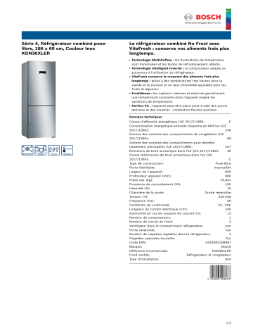 Product information | Bosch KGN36XLER Réfrigérateur combiné Product fiche | Fixfr