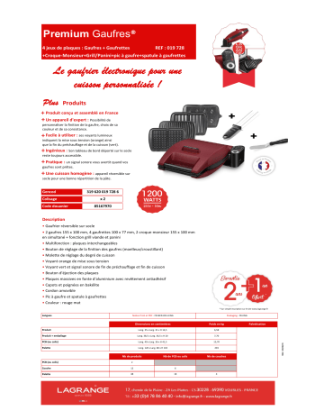 Product information | Lagrange Premium rouge 4 plaques - Pic et spatule Croque, gaufre, gaufrette, gril Product fiche | Fixfr